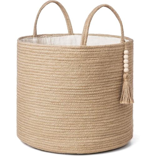 Mkono Woven Storage Basket Decorative Natural Rope Basket Wooden Bead Decoration for Blankets,Toys,Clothes,Shoes,Plant Organizer Bin with Handles Living Room Home Decor, Jute, 16" W × 13.8"L