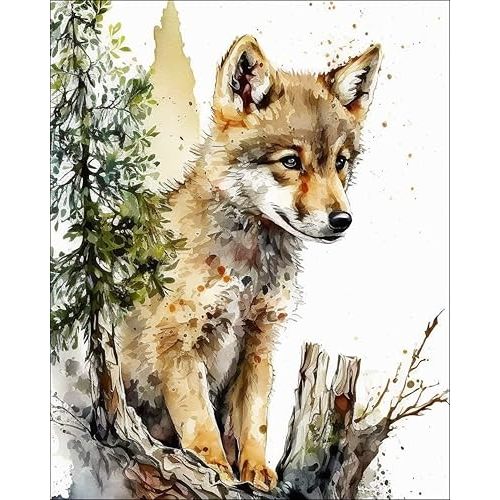 7Dots Art. Baby Animals with a tree. Watercolor Art Print, playroom, and bathroom. Wall art decoration. Unframed. (wolf cub)