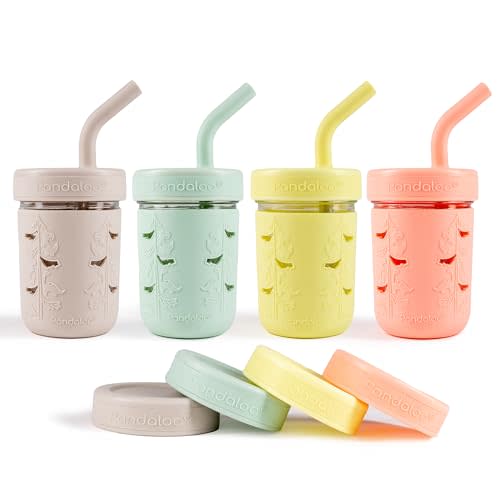 Pandaloo® Mason Jar Toddler Cup - 8 oz Spill-Proof Glass Tumbler with Silicone Straw and Lid, Non-Slip Sleeve, BPA-Free Toddler Snack Cups - Perfect Smoothie Cups with Lids and Straws for Kids
