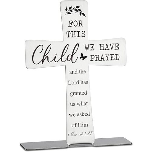Christian Sign with Bible Verse, for This Child We Have Prayed, 1 Samuel 1:27, Christian Baby Boy Girl Nursery Sign, Christian Home Decor, Baptism Gifts, Cross Sign for Desk Décor, DSH301
