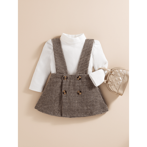 2 Pcs Baby Girl ribbed bodysuit Brown Houndstooth Suspender Skirt