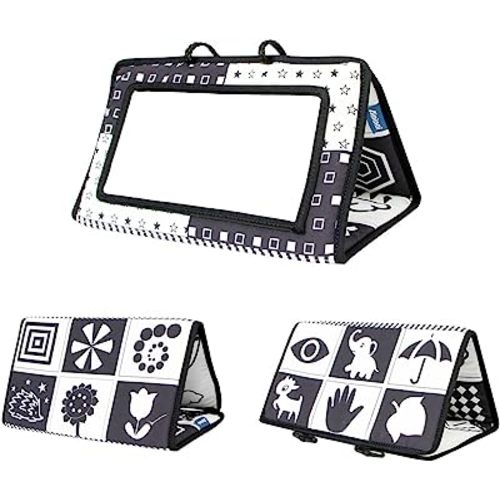 KAKIBLIN Tummy Time Baby Mirror, Wall Mounted, Rectangular, Montessori Toys for 0-6 Months, High Contrast Black and White Teeth Promoting Toy