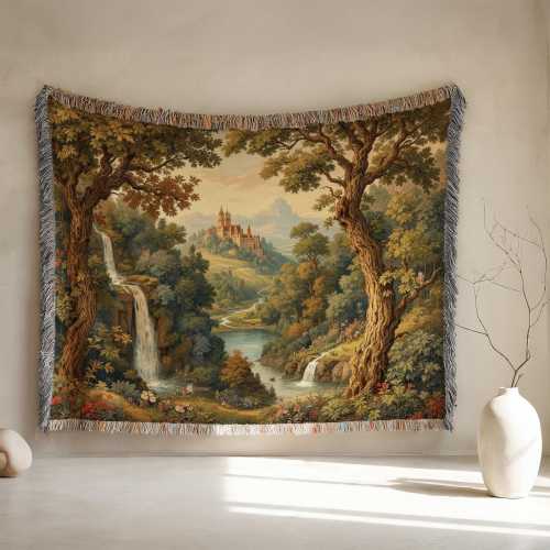 Enchanted Forest Woven Cotton Blanket: Castle Landscape Tapestry Throw