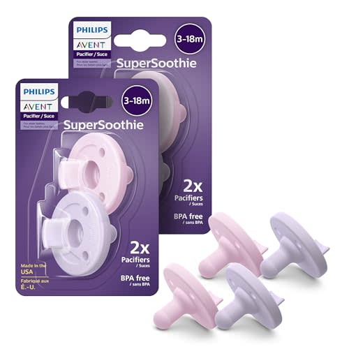 Philips Avent Soothie 3-18 Months Orthodontic Baby Pacifiers, 100% Silicone Pacifiers, One Piece, BPA-Free, 2 Lilac and 2 Pink, 4 Pack, Model SCF192/70