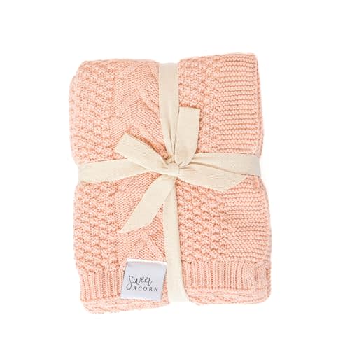 Sweet Acorn Knit Baby Blanket in Cable Pattern, Organic Cotton Blankets for Crib or Stroller, Receiving Blankets - Dahlia Pink