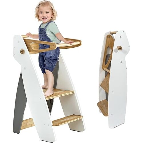 Foldable Toddler Tower, Kids Kitchen Stool Helper with 3 Adjustable Heights, Bamboo Learning Kitchen Tower with Safety Rail for Bathroom, Shcool Use Suit to Ages 2 3 4 5 Years (White)