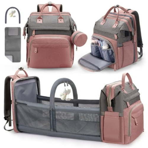 Baby Diaper Bag Backpack with Changing Station, Multifunctional Waterproof 30L Large Capacity Travel Backpack with Insulated Milk Bottle Pocket, USB Charging Port,Pink