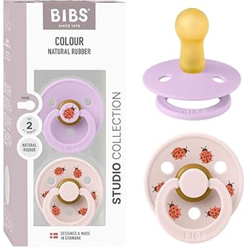 BIBS Colour Studio Soother 2-Pack, BPA Free Dummy Pacifier, Round Nipple. Natural Rubber Latex, Made in Denmark, Size 2 (6-18 Months), Violet Sky/Petal