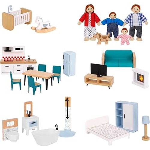 Wooden Dollhouse Furniture Set for Kids, 26 Pcs Dollhouse Accessories with 4 Family Dolls and Dog, Miniature Doll House Furniture Toys Pretend Play Set for G irls Boys Age 3+