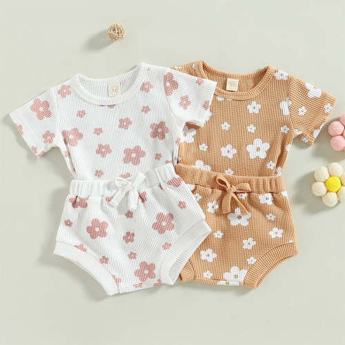 Infant Baby Girl 2Pcs Summer Outfits Short Sleeve Waffle Knit Floral T-shirt Shorts