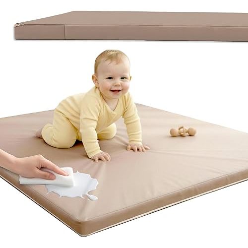 Baby Play Mat for Floor (50" x 50") Waterproof Vegan Leather - Easy to Clean w Removable Cover - Mat for Tummy Time - Padded Thick 1.5" Foam Support Non-Slip Bottom for Infant Kids and Toddler (Tan)