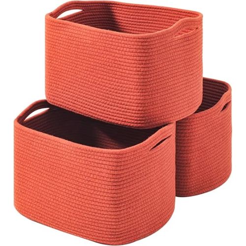 Storage Baskets for Organizing, Storage Basket for Shelves, Toy Towel Basket for Bathroom Nursery, Woven Cotton Rope Baskets for Decor, 15"x11"x9.5", 3 Packs, Brick Red