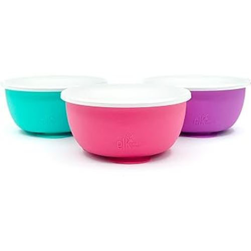 Elk and Friends Stainless Steel Bowls with Silicone Sleeve for Babies & Toddlers | Lids Included | Stay Put Suction | Cereal & Snack Bowls | 3 Pack…