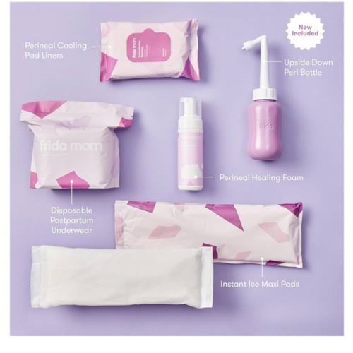 Frida Mom 11pc Postpartum Essentials Kit Gift Set, Hospital Bag Must Haves for New Mom, Includes 4 Disposable Postpartum Underwear, 4 Ice Maxi Pads, Perineal Healing Foam & 24 Pad Liners & Peri Bottle