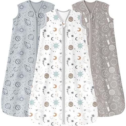 Baby Sleep Sack 0-6 Months 3 Pack 100% Cotton Lightweight 0.5 TOG Wearable Blanket Baby Sleep Bag with 2-Way Zipper for Newborn Infant White Gray Blue Space
