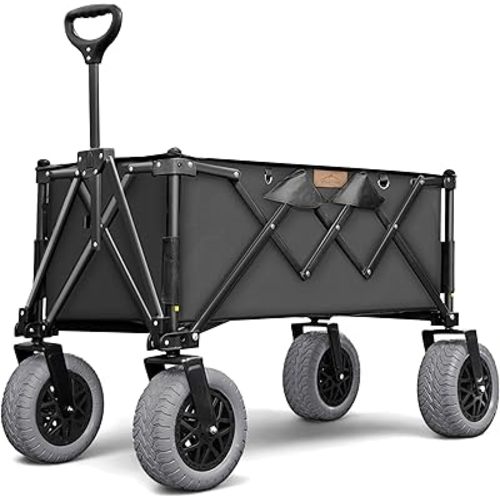 Folding Beach Wagon with Big All-Terrain Wheels for Off-Road Use (Sand/Gravel/Camping Trails) Extra Large Utility Cart with 9" Heavy-Duty Rubber Tires [Outland-XL by Stratton Forge] Black