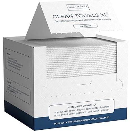 Clean Skin Club Clean Towels XL™, 100% USDA Biobased Face Towel, Disposable Face Towelette, Eczema Association Accepted, Makeup Remover Dry Wipes, Ultra Soft, 50 Ct, 1 Pack
