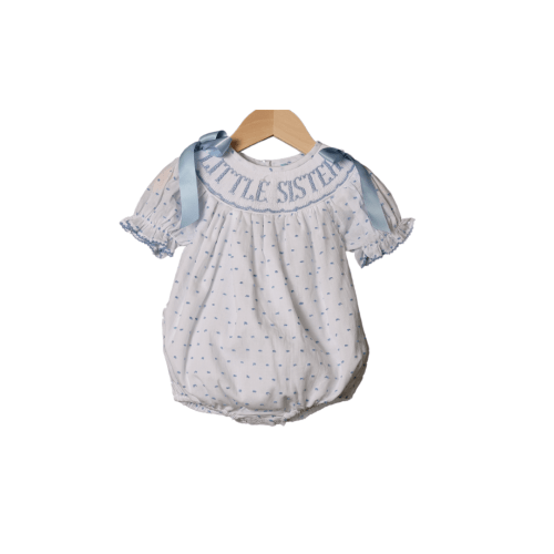 Smocked Little Sister Blue Swiss Dot Bubble