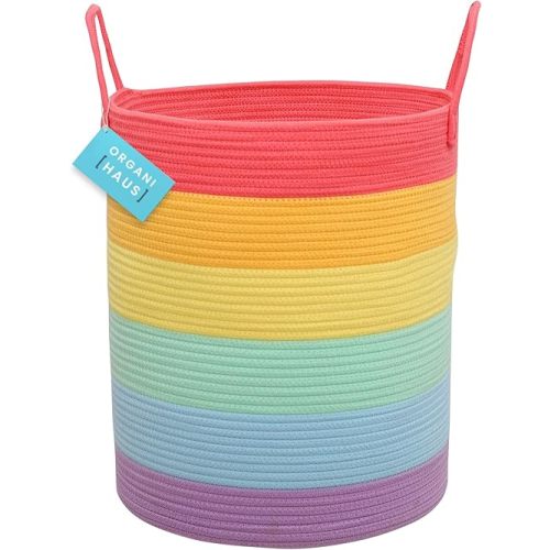 OrganiHaus Tall Rainbow Rope Blanket Basket for Living Room Decor, Cute Woven Baby Laundry Basket, Baby Nursery Hampers for Toys, Kids Laundry Hamper for Dirty Clothes, Decor for Kids Classroom
