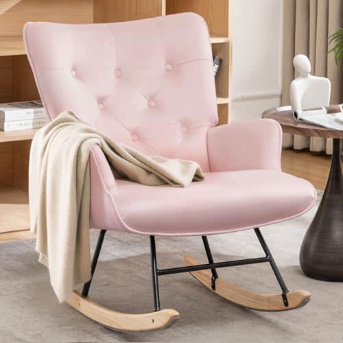YSICK Rocking Chair for Nursery, Comfy Velvet Fabric Glider Rocker, Reading Chair with Support Seating and Side Pockets, Rocking Recliner Chair for Living Room, Bedroom, Balcony, Baby Pink