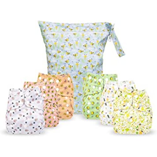 Simple Being Reusable Cloth Diapers, Double Gusset, One Size Adjustable, Washable Soft Absorbent, Waterproof Cover, Eco-Friendly Unisex Baby Girl Boy, six 4-Layers Microfiber Inserts (Bugs)