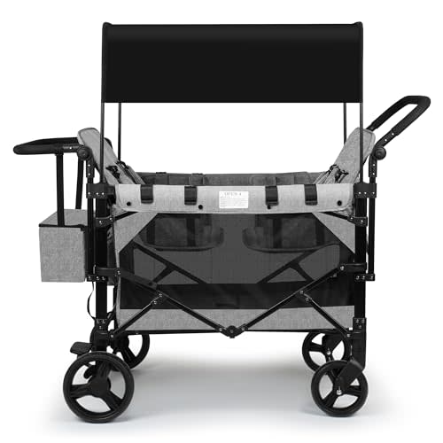 VOOI Stroller Wagon 4 Seater, Wagon for Kids, Collapsible W4 Stroller with Seats with 5-Point Harnesses, Easy Access Zipper Door, and Removable Sun Canopy (Grey, W4-Large)