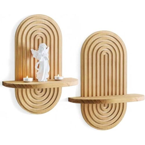 Set of 2 Boho Arched Floating Shelves 15.7”x 7.8”3D Wooden Hanging Shelf for Living Room Bedroom Nursery Mid Century Modern Wall Decor(Brown, 11.7 * 15.7)