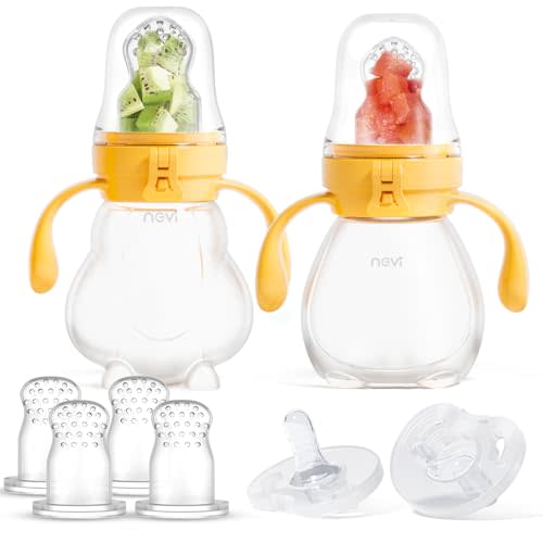 NCVI Baby Fruit Food Feeder, Silicone Fruit Pacifier Feeder, Set of 2, Mesh Feeder with Extra 6 Pacifiers, Teething Relief Toy, Baby Self Feeding for Fresh Food, Fruit & Vegetable, BPA-Free, Yellow