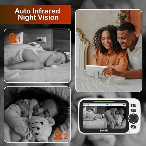 Blemil Upgrade Baby Monitor with 30-Hour Battery, 5" Large Split-Screen Video Baby Monitor with 2 Cameras and Audio, Remote Pan/Tilt/Zoom, Two-Way Talk, Room Temperature, Auto Night Vision