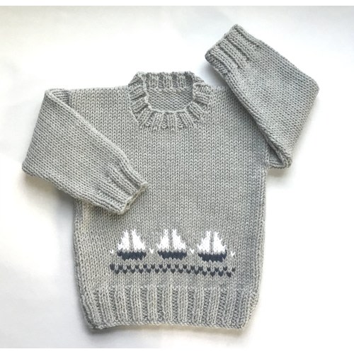 Baby gray sweater with sailboats - 12 to 24 months - Toddler hand knit sweater - Toddler Knitwear - Sailboat motifs