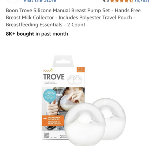 Boon Trove Silicone Manual Breast Pump Set - Hands Free Breast Milk Collector - Includes Polyester Travel Pouch - Breastfeeding Essentials - 2 Count