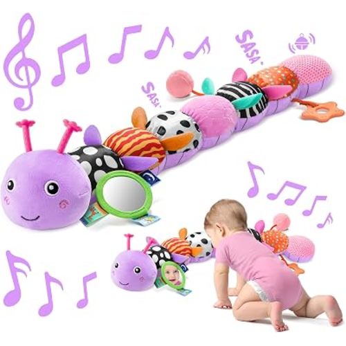 Baby Toys 0-6 6-12 Months, Music Caterpillar Plush Toy with Baby Mirror, Pull String&Crinkle Rattle,Infant Teething Toys,Tummy Time for 0-3-6-12 Month Boys Girls Newborn Gifts (Purple-Leaf)