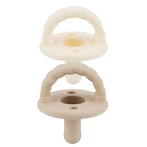 Itzy Ritzy Silicone Pacifiers for Ages 6-18 Months - Itzy Soother Pacifiers Feature Collapsible Handle & Two Air Holes for Added Safety; Set of 2 in Toast & Buttercream, Ages 6-18 Months