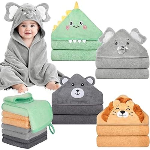 CandyHome 12 PCS Baby Bath Towels Set for Infants Toddlers, 4 PCS Animal Hooded Baby Towels & 8 PCS Washcloths Set, Ultra Absorbent Cute Soft Newborn Essentials Gift for Boys & Girls