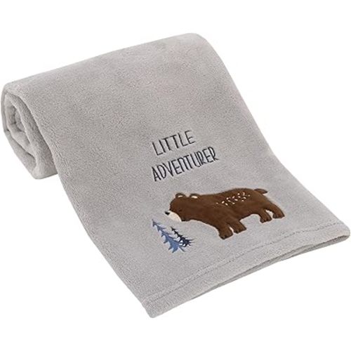 NoJo Little Love National Park Gray, and Brown Bear Little Adventurer Super Soft Appliqued Baby Blanket