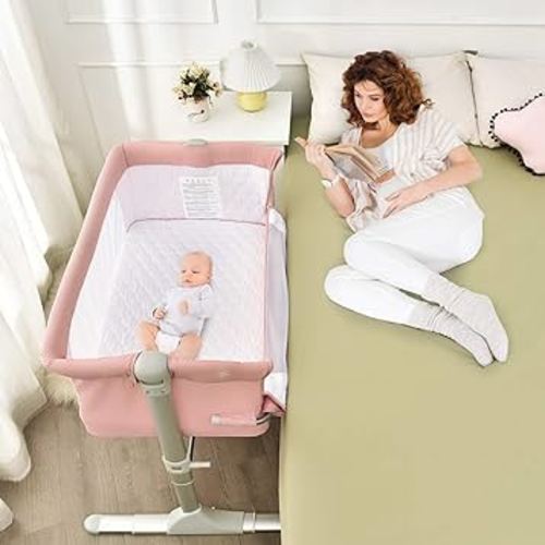BABY JOY Bedside Bassinet, Co Sleeper Portable Crib w/Travel Bag, Detachable & Washable Mattress, Breathable Mesh, Newborn Infant Baby Bed, Height & Angle Adjustable (Pink)