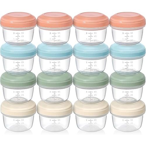 [16 Pack] 4 oz Small Containers with Lids, Reusable Plastic Containers for Snack and Puree, Salad Dressing Container to Go, Deli Containers, Freezer Baby Food Containers, Dishwasher Safe, BPA Free