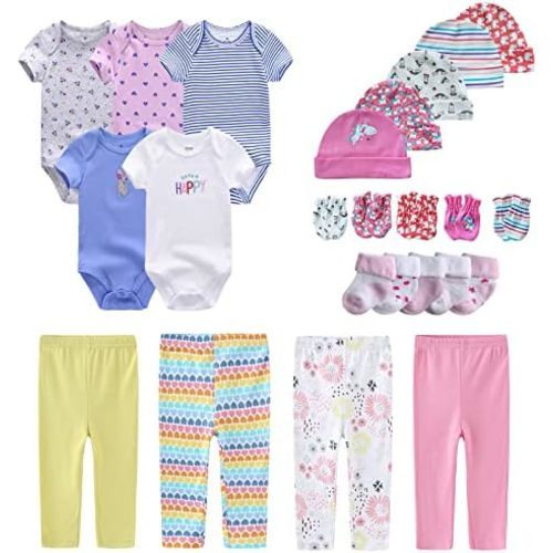 Newborn Layette Gift Set Bodysuits Pants for Baby Girl and Boy 24 Piece 100% Cotton Essentials and Accessories