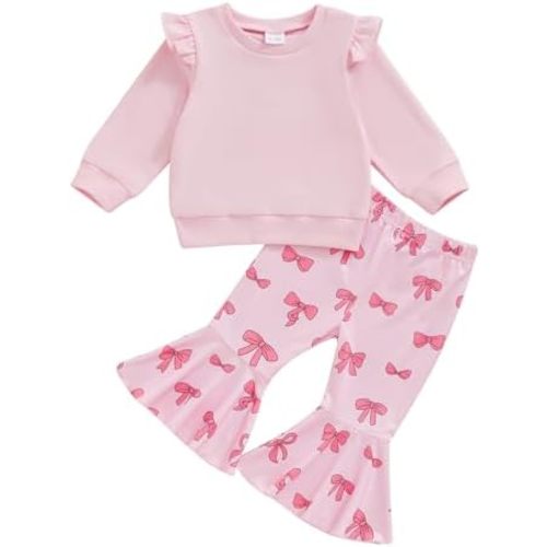 Toddler Infant Baby Girl Clothes Warm Fall Winter Outfits Solid Fly Sleeve Sweatshirt Bow Bell Bottoms Pants