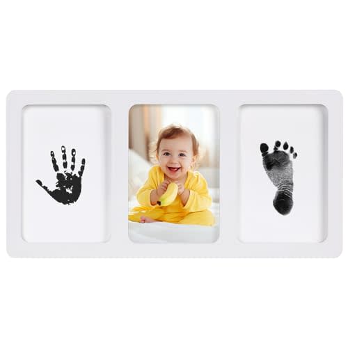 Calenzana Inkless Baby Hand and Footprint Kit, 4x6 Baby Keepsake Nursery Picture Frame Ink Pad Handprint Kit, Gifts for Newborn Girls Boys New Mom, White