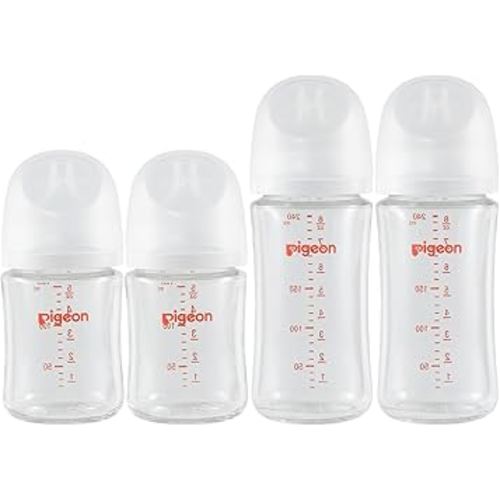 Pigeon Glass Nursing Baby Bottle Wide Neck (Pack of 4), Streamlined Body, Natural Feel, Easy to Clean, Heat-Resistant, 5.4Oz and 8.1 Oz (2S 2L)