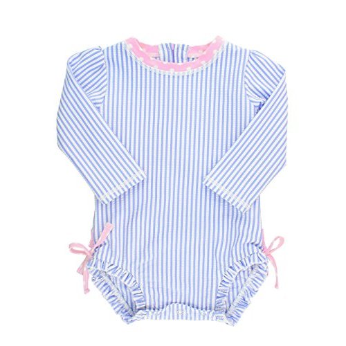 RuffleButts Baby/Toddler Girls Seersucker Long Sleeve One Piece Rash Guard Swimsuit with UPF 50+ Sun Protection