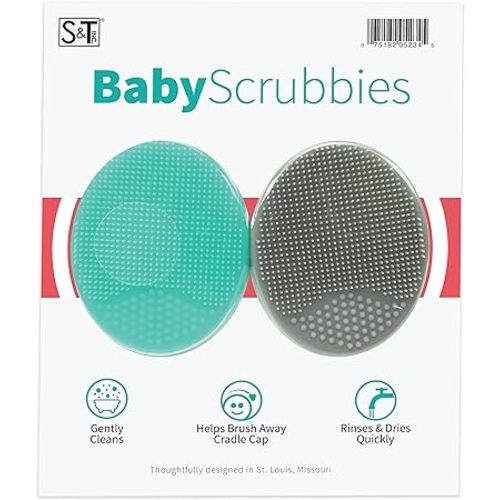 S&T INC. Exfoliating and Massaging Cradle Cap Bath Brushes for Baby, Silicone - 2 Inch x 2.5 Inch, Grey and Teal, 2 Pack