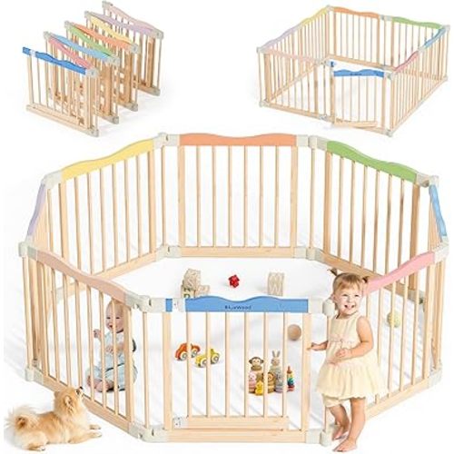 Foldable Wooden Playpen - Adjustable Wood Baby Play Yard with Child-Proof Lock, Indoor Large Safety Fence for Babies and Toddlers - Easy Assembly, 55 x 55 x 24 inches, Colorful Sweet Candy