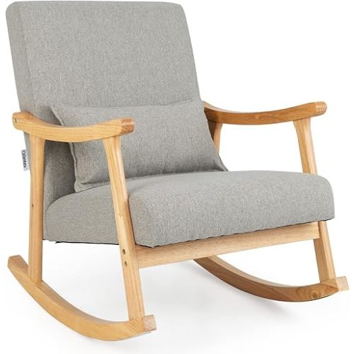Giantex Upholstered Rocking Chair - Modern Rocker with Rubber Wood Frame, Comfy Backrest & Seat, PP Padded Pillow, Single Rocking Chair for Living Room, Nursery, Bedroom, Lounge, Office, Grey