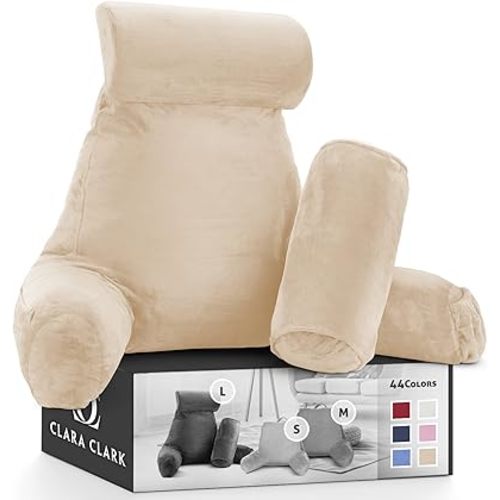 Clara Clark Reading Pillow, Back Rest Pillow for Sitting in Bed with Arms for Kids & Adults - Premium Shredded Memory Foam TV Sit Up Pillow - Large, Cream