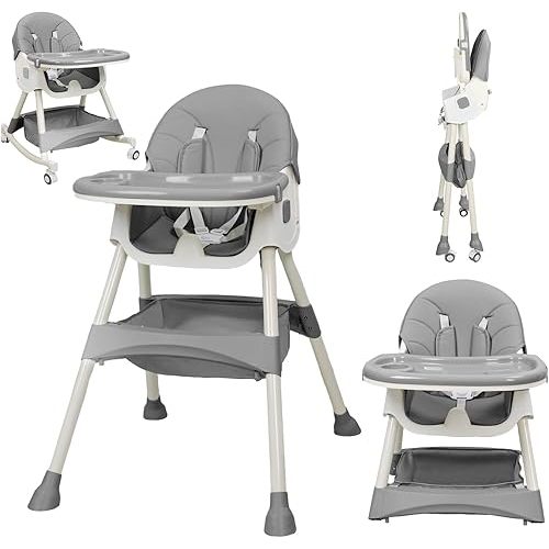 4-in-1 Baby High Chair, High Chairs for Babies and Toddlers with Removable Tray and Adjustable Backrest & Height, Convertible & Foldable, Grows with Baby