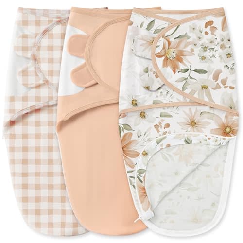 Unnivoll Baby Swaddles for Newborns with Zipper, 100% Cotton Newborn Swaddle Sack, 3 Pack Baby Swaddles 0-3 Months Swaddle Sleep Sack for Newborn Baby Boy Girl Orange Flower