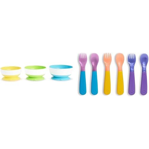 Munchkin® Stay Put™ Suction Bowls for Babies and Toddlers, 3 Pack, Blue/Green/Yellow & ® ColorReveal™ Color Changing Toddler Forks and Spoons, 6 Pack