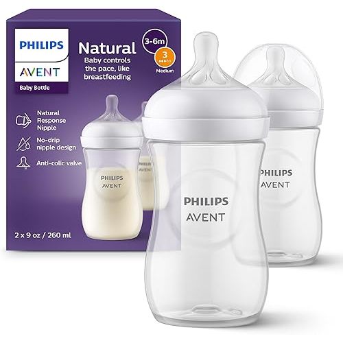 Philips Avent Natural Baby Bottles with Natural Response Nipples (Medium Flow, Flow 3), 9oz, 2-Pack, SCY903/02